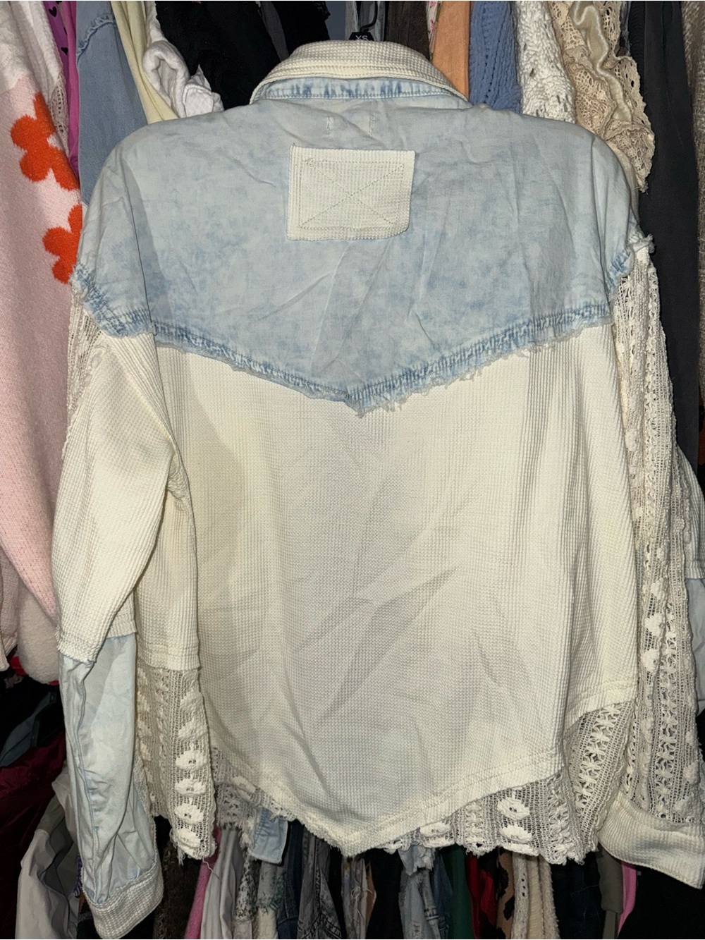 POL Boho Patchwork Lace Denim Shirt Jacket - Cream & Light Blue - Picture 6 of 6